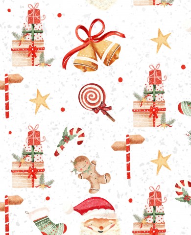  Motivo natalizio in mussola acquerellata con Babbo Natale, renne, bastoncini di zucchero e regali