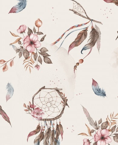  Fiori di cotone satinato, piume e un acchiappasogni