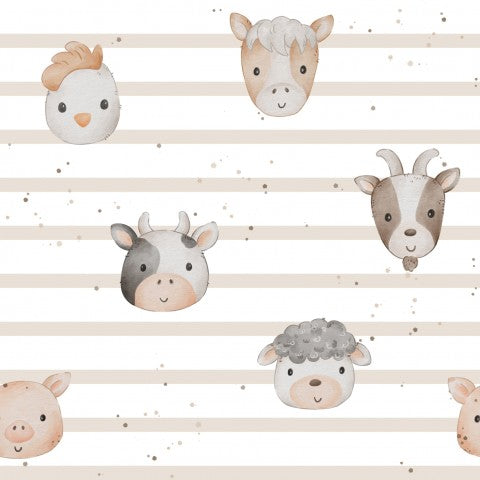 Muslin Farm Animals Beige Stripes