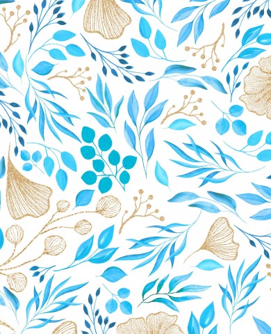 Wasserdichter Stoff Festive Gold and Blue Leaves on White