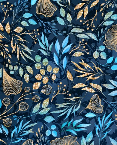 Wasserdichter Stoff ein blau-goldenes Blumenmuster mit Blättern und Blüten