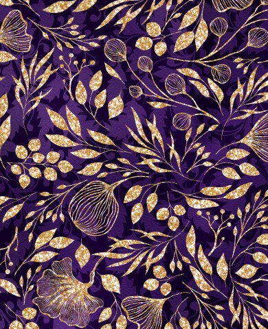  Muslin et lilla stof med gyldne blade og blomster