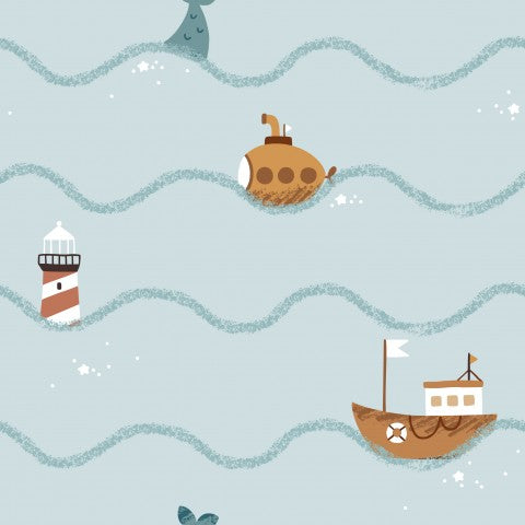  Creature marine e barche in raso di cotone