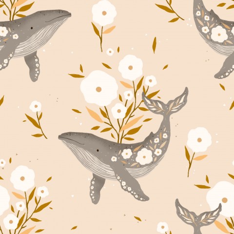 Wasserdichter Stoff Floral boho whale Beige