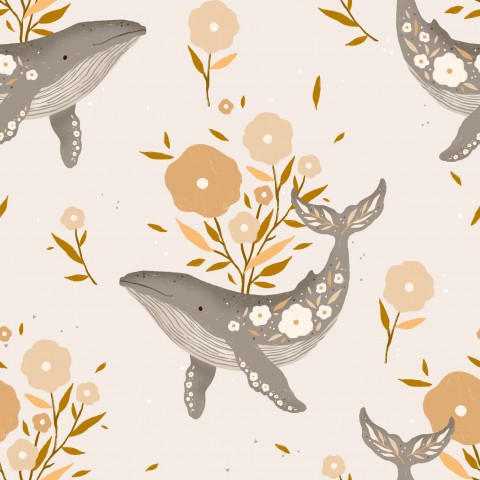 Wasserdichter Stoff Floral boho whale Cream