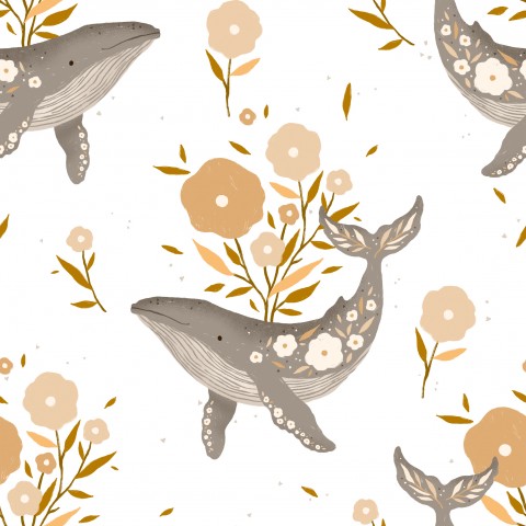 Wasserdichter Stoff Floral boho whale White