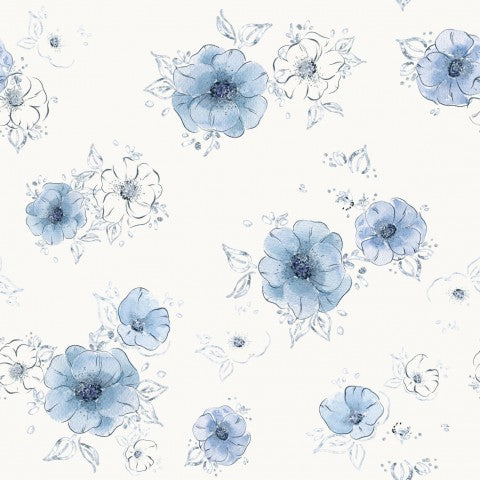 Muslin pattern of blue flowers on a white background