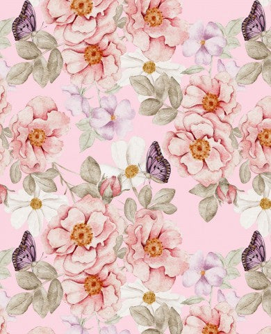  Fiori e farfalle in jersey a coste su sfondo rosa