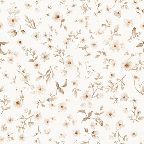 Papier peint en satin de coton à motif floral blanc-beige