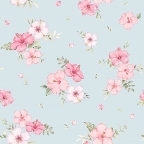 Satin cotton floral pattern with pink flowers on a blue background