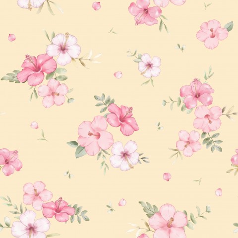 Satin cotton pink flowers on yellow background