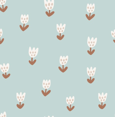 Toile de coton fleurs blanches et marron sur fond bleu clair