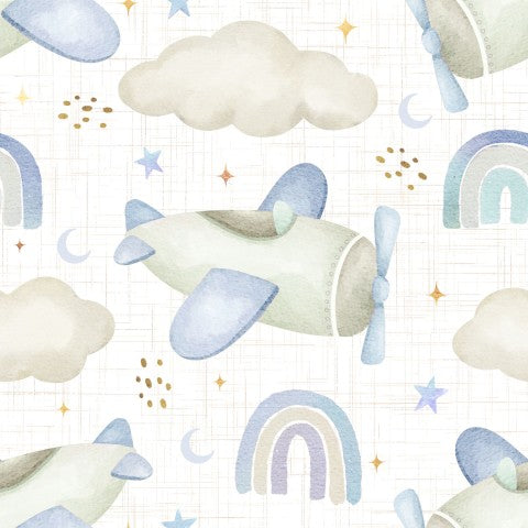 Crea una tempesta con il nostro tessuto in tela con veli colorati! Tessuto di cotone per aeroplani, arcobaleni e nuvole, perfetto per cucire.