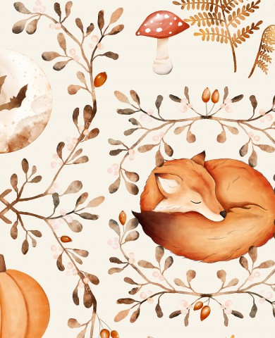 Panama watercolor fox, pumpkins and leaves