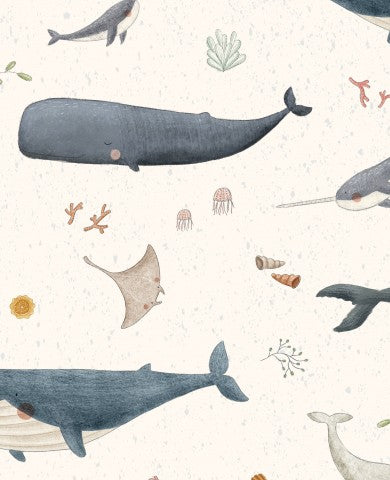 Baleines, méduses et autres créatures marines en satin de coton