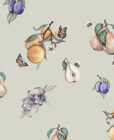  Farfalle di mussola, pere e mirtilli su questa carta da parati
