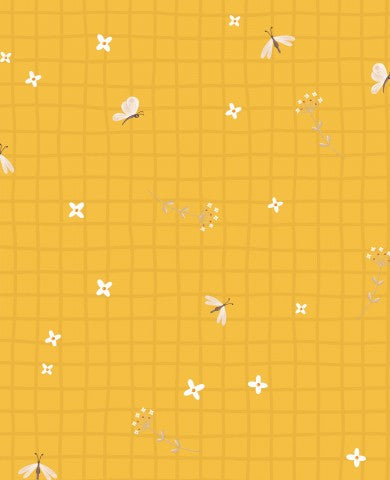 Waterproof fabric a yellow checked background with white flowers and insects