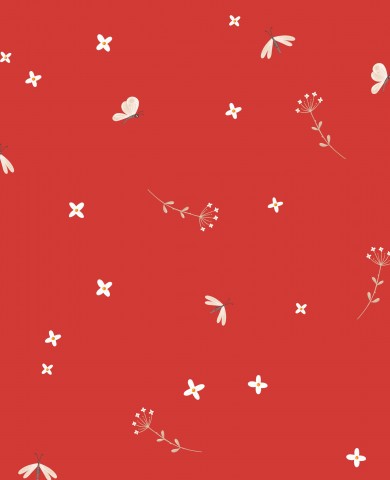 Satin cotton a red background with white flowers and butterflies