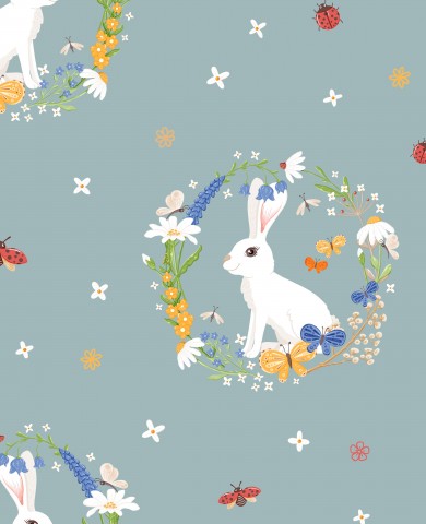 Rib Jersey Kaninchen und Blumen auf blauem Hintergrund