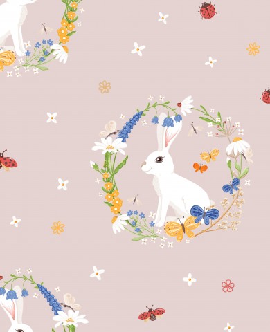 Waterproof fabric white rabbit, flowers and ladybugs