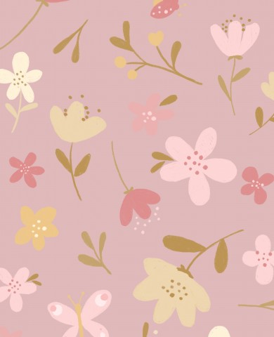  Jersey med et lyserødt og gult blomstermønster med sommerfugle og blomster