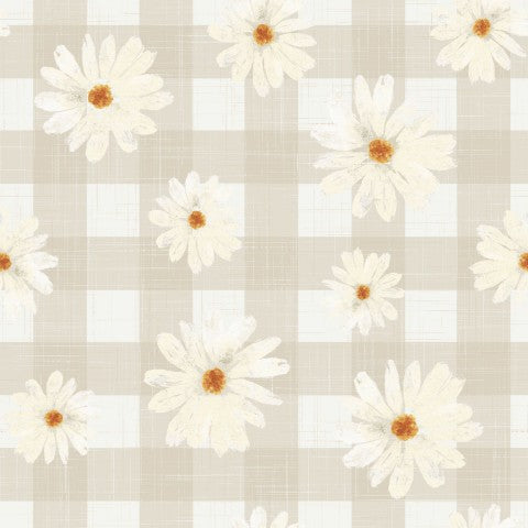 Jersey daisy floral pattern on beige checked gingham
