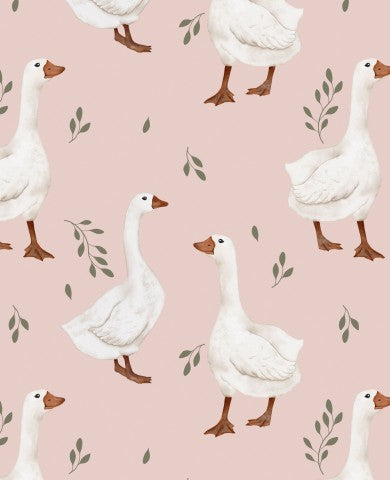 French Terry white ducks on pink background