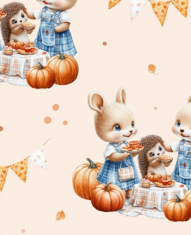 Waterproof fabric Cozy autumn tea party with little animals