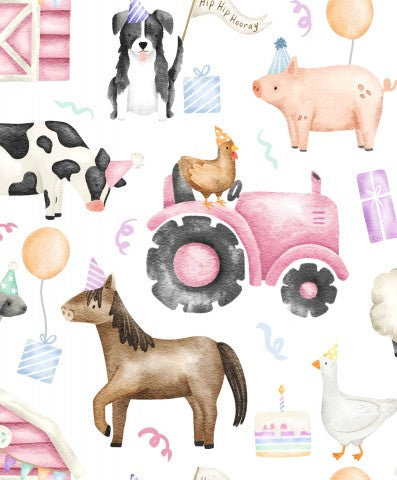 Wasserdichter Stoff Girls Birthday Party Farm Animals White