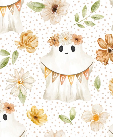 Muslin Girls Halloween floral ghosts on white
