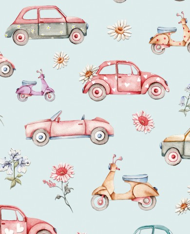 Aquarelle en coton satiné voitures et scooters