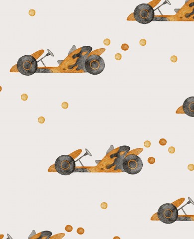  Motivo in cotone satinato con auto da corsa e monete