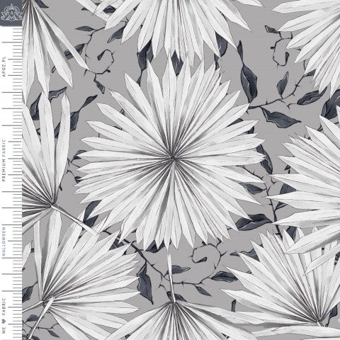 SoftShell, un tissu à motifs gris et blanc avec des feuilles de palmier