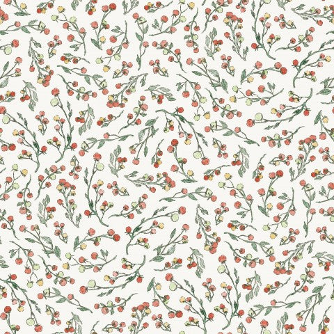  Raso di cotone con motivo floreale con bacche rosse e foglie verdi