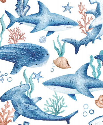  Tessuto di cotone telato con motivo oceano di squalo in plastica: attività nelle profondità marine - materiale 100% naturale, ideale per cucire vestiti, borse e accessori
