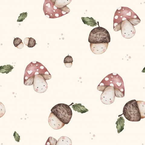 Waterproof fabric watercolor pattern with cute mushrooms and leaves