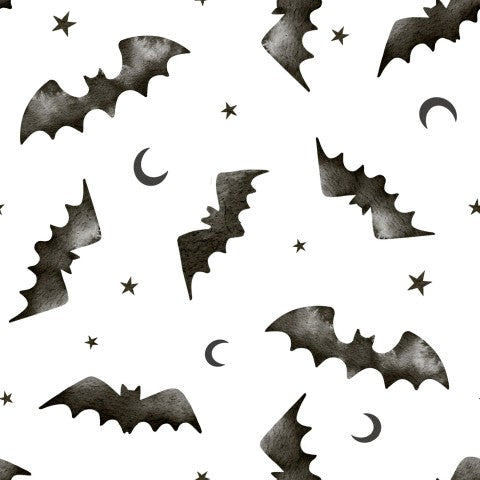Atmosfera di Halloween su tela di cotone: pipistrelli e luna – ideale per costumi e decorazioni di Halloween. Tessuto di cotone venduto al metro, adatto al cucito.