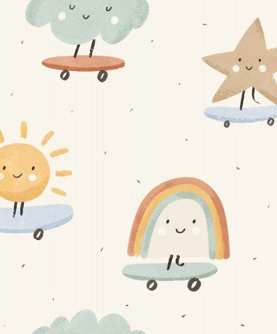 Muslin cartoon characters riding skateboards