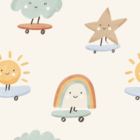 Muslin cartoon characters riding skateboards