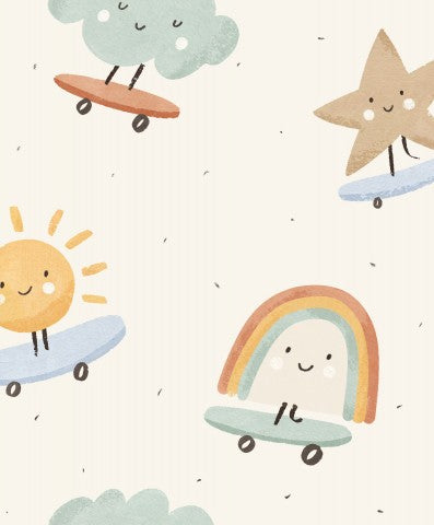 Muslin cartoon characters riding skateboards