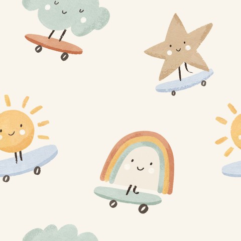 Muslin cartoon characters riding skateboards