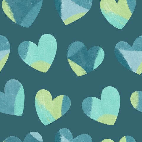 Satin cotton blue and yellow hearts on a dark blue background