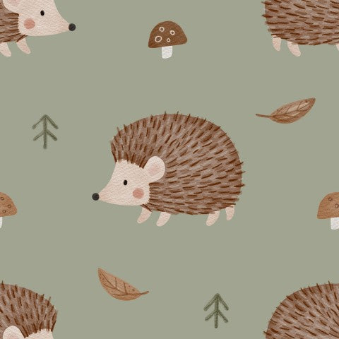 French Terry hedgehogs and mushrooms on it
