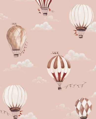 Satin cotton seamless wallpaper with hot air balloons and clouds