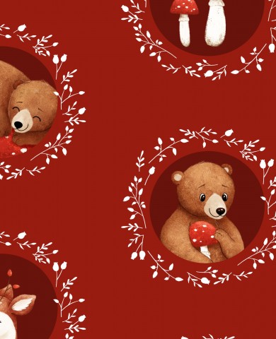 Ours en peluche SoftShell et champignons sur fond rouge