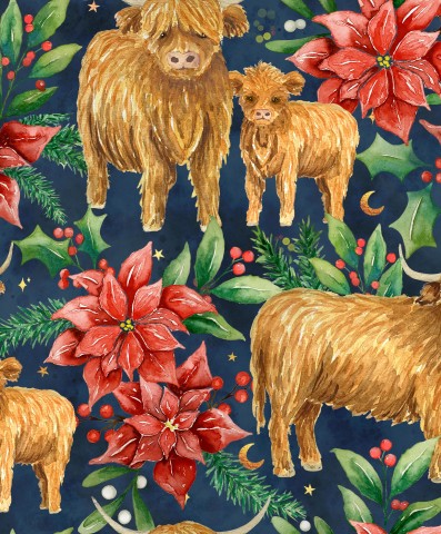 Muslin Highland cow Poinsettia Christmas Winter