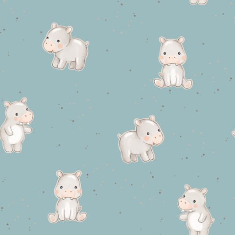 Satin cotton pattern of baby hippos on blue background