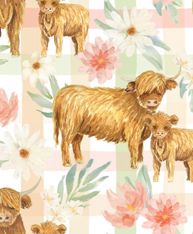 Jersey Highland Cow and Floral Gingham Pattern