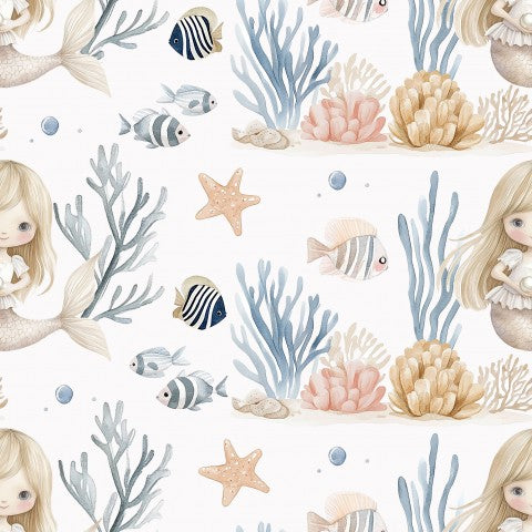 Sirènes et poissons en satin de coton