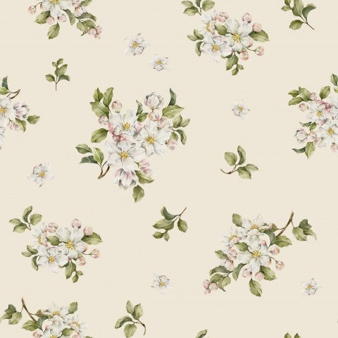  Carta da parati floreale in cotone satinato con fiori bianchi
